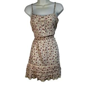 Mango Cream and Pink Ditsy Floral Mini Sundress, Tiers, Eyelet Lace, Size Medium